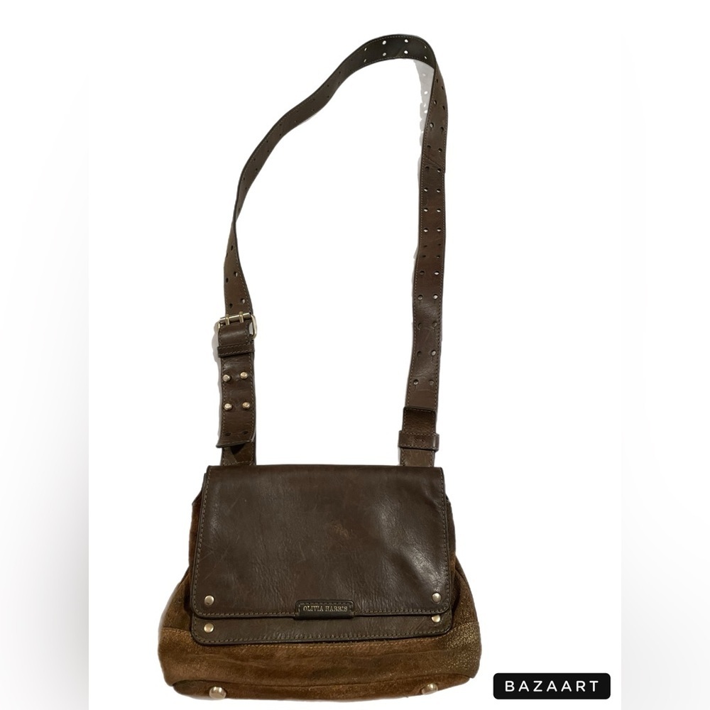 Olivia Harris brown leather/suede combo w/gold grommets feet and adj. strap B8